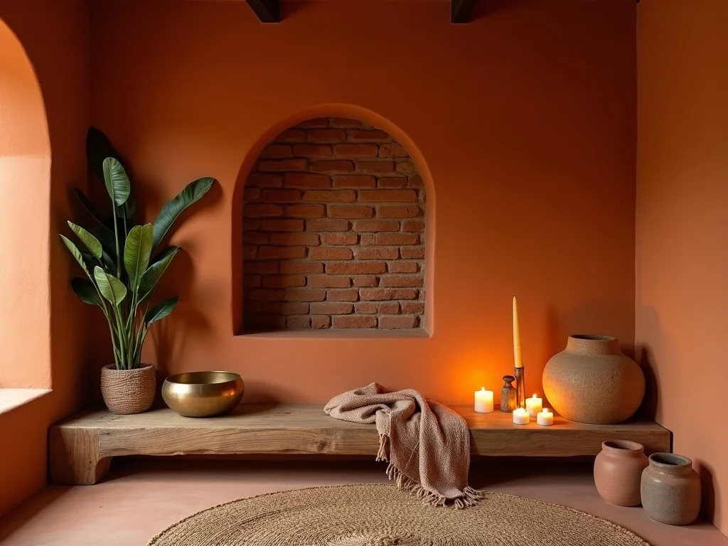 A candlelit corner of Casa Prana with singing bowls and a brick arch