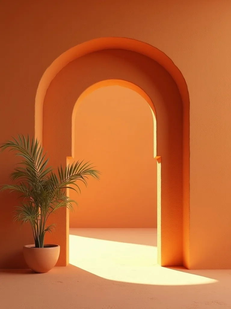 Terracotta brick archway with a desert palm at Casa Prana