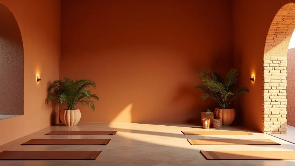 Terracotta-walled yoga studio with brick arches at Casa Prana, Indio