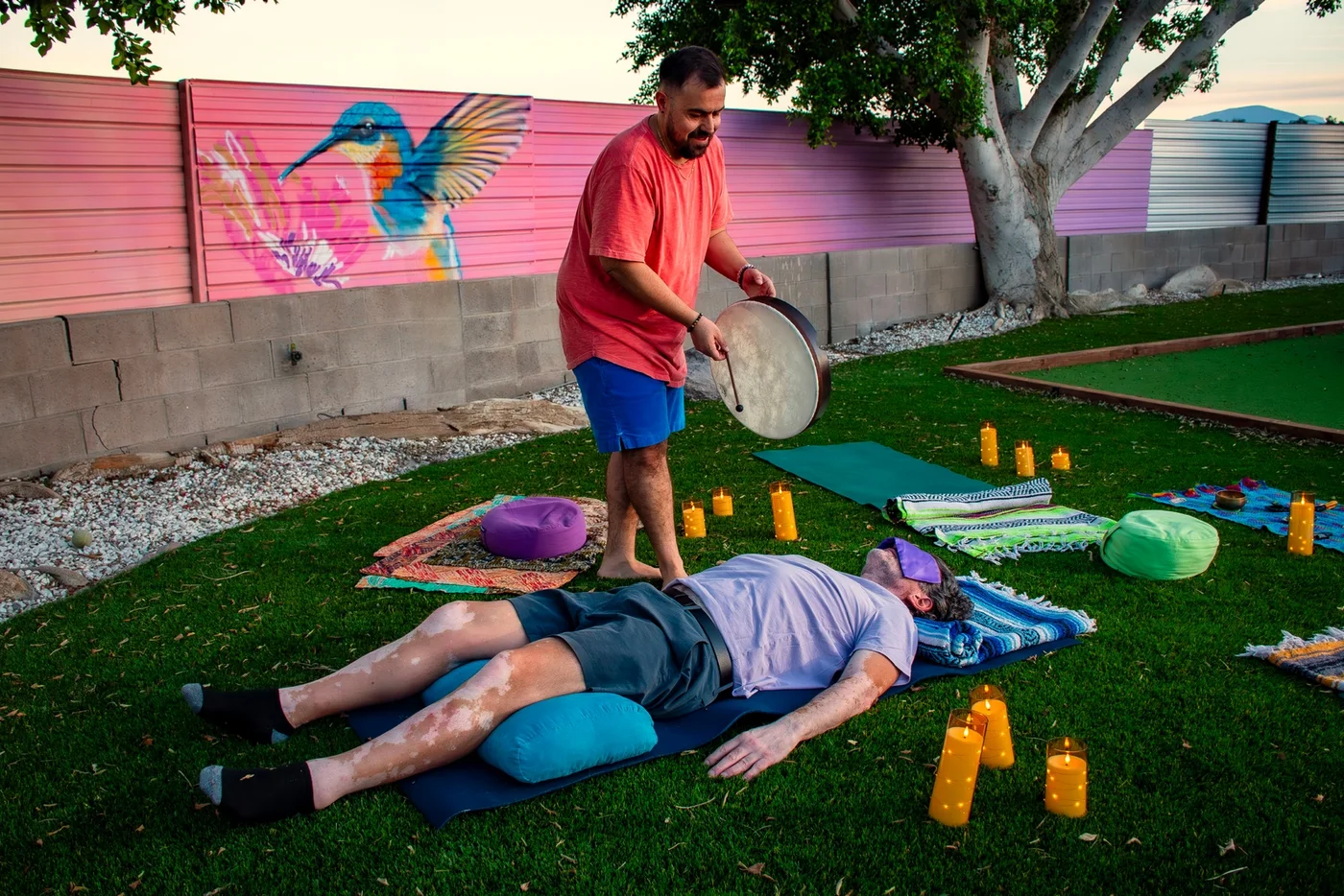 A guided sound bath session at sunset, Casa Prana, Indio